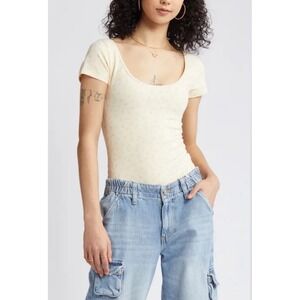 BP Womens Size L Scoop Neck Short Sleeve Thong Bodysuit Stretch Cotton Flora NWT